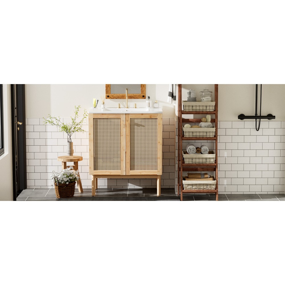 30″ Bath Vanity Ceramic Sink Soft Close Handwoven Rattan Doors Storage Cabinet