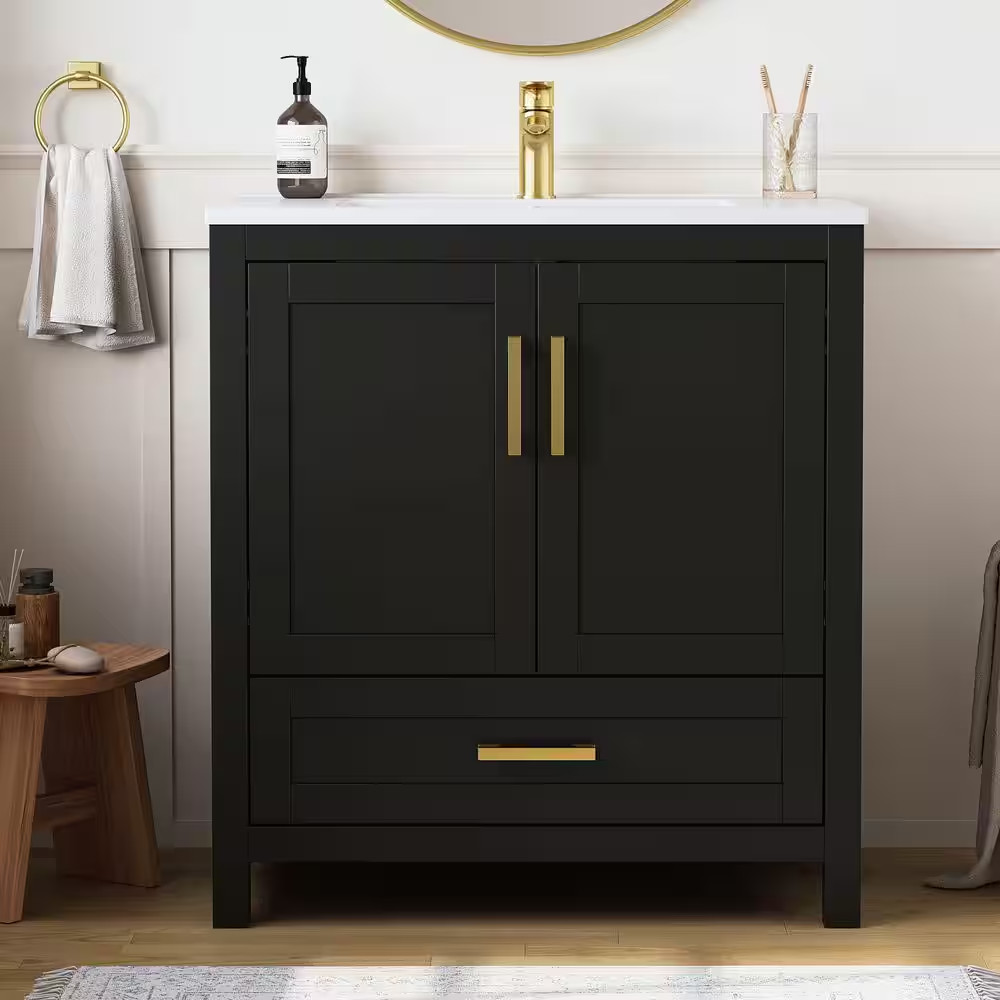 Raven 31 In.W Single Sink Black Freestanding Bath Vanity with White Engineered S