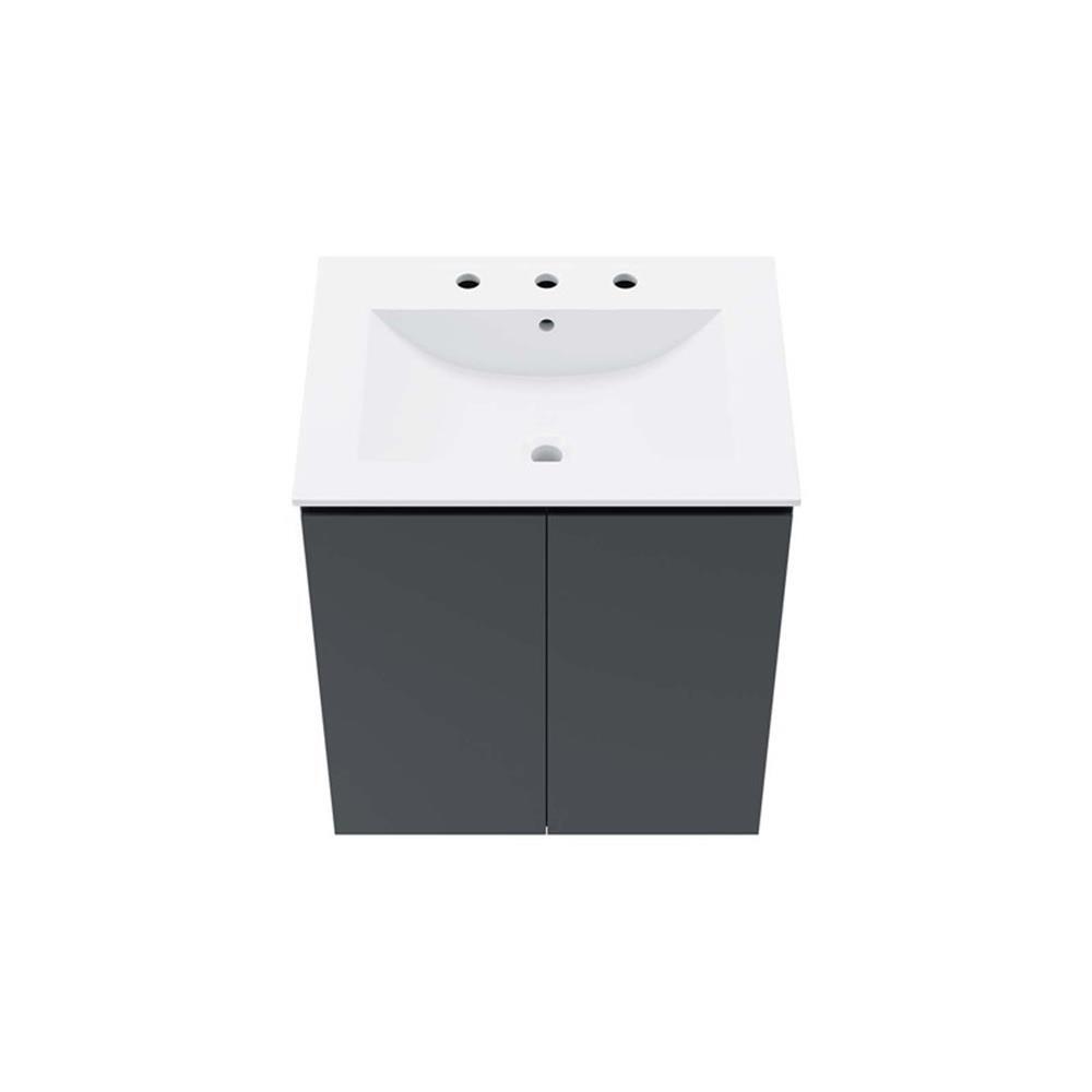 Modway Bryn 24″ Modern Wood/Ceramic Wall-Mount Bathroom Vanity in Gray/White