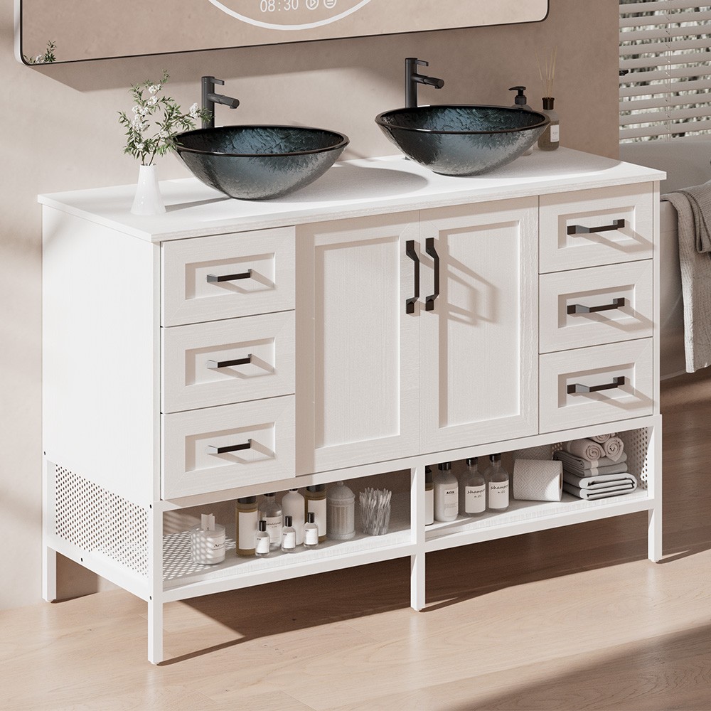 48″ Freestanding Bathroom Vanity with Tempered Glass Sink Shelves & Drawers