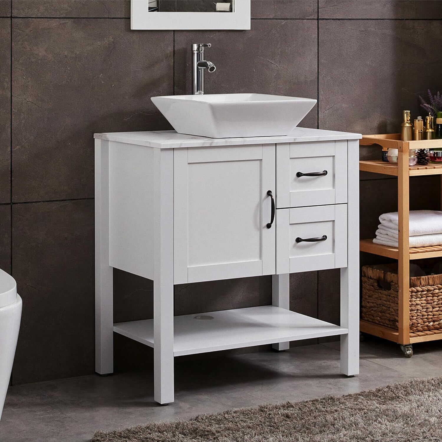 Goodyo 30″ Bathroom Vanity Sink Combo, Modern White Cabinet with Faucet, Mirror