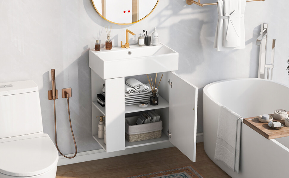 21.6inch Modern Floating Bathroom Vanity with Ceramic Basin Left side storage