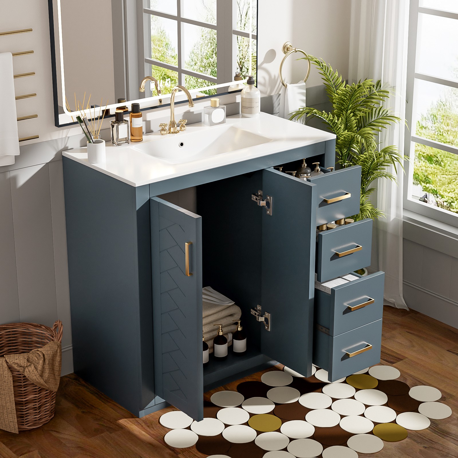 36″ Bathroom Vanity with Ceramic Sink, Solid Wood Frame, 3 Drawers & Doors