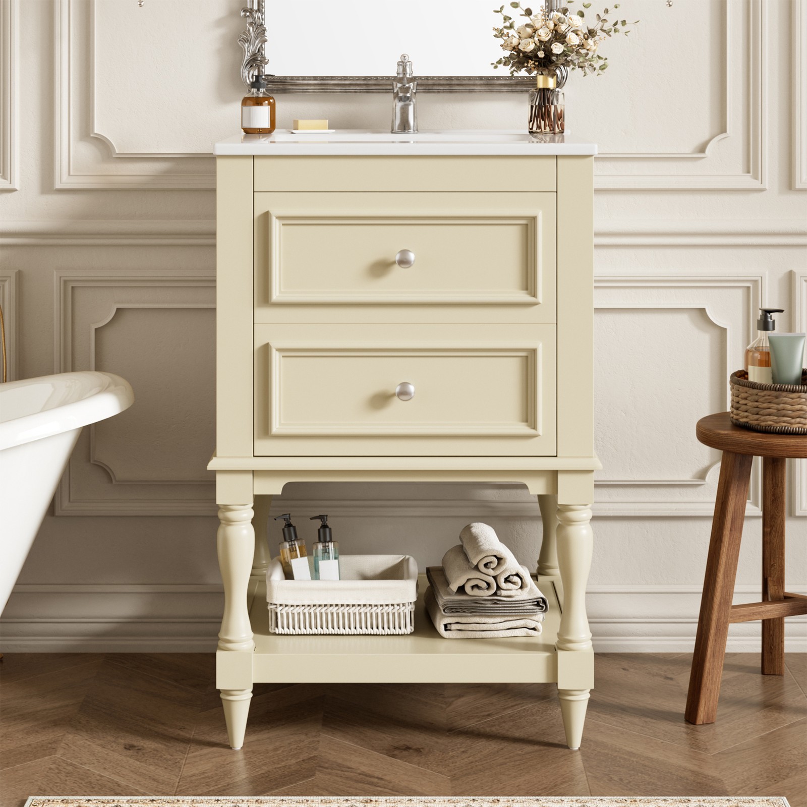 FUNIDEE 20” Bathroom Vanity Set Storage Cabinet with Ceramic Sink Combo Beige