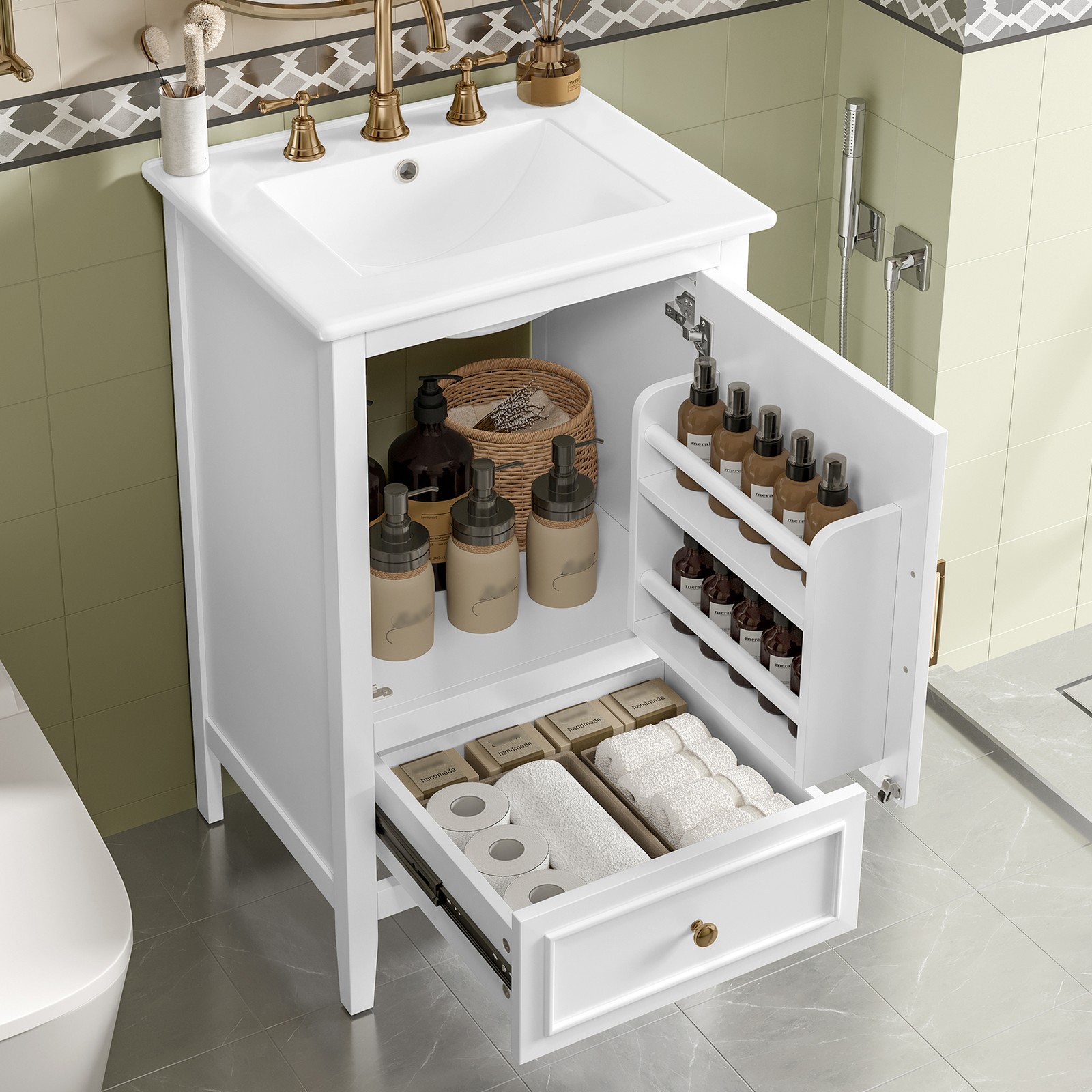 20″ Bathroom Vanity with Ceramic Sink, Cabinet & Drawer, White