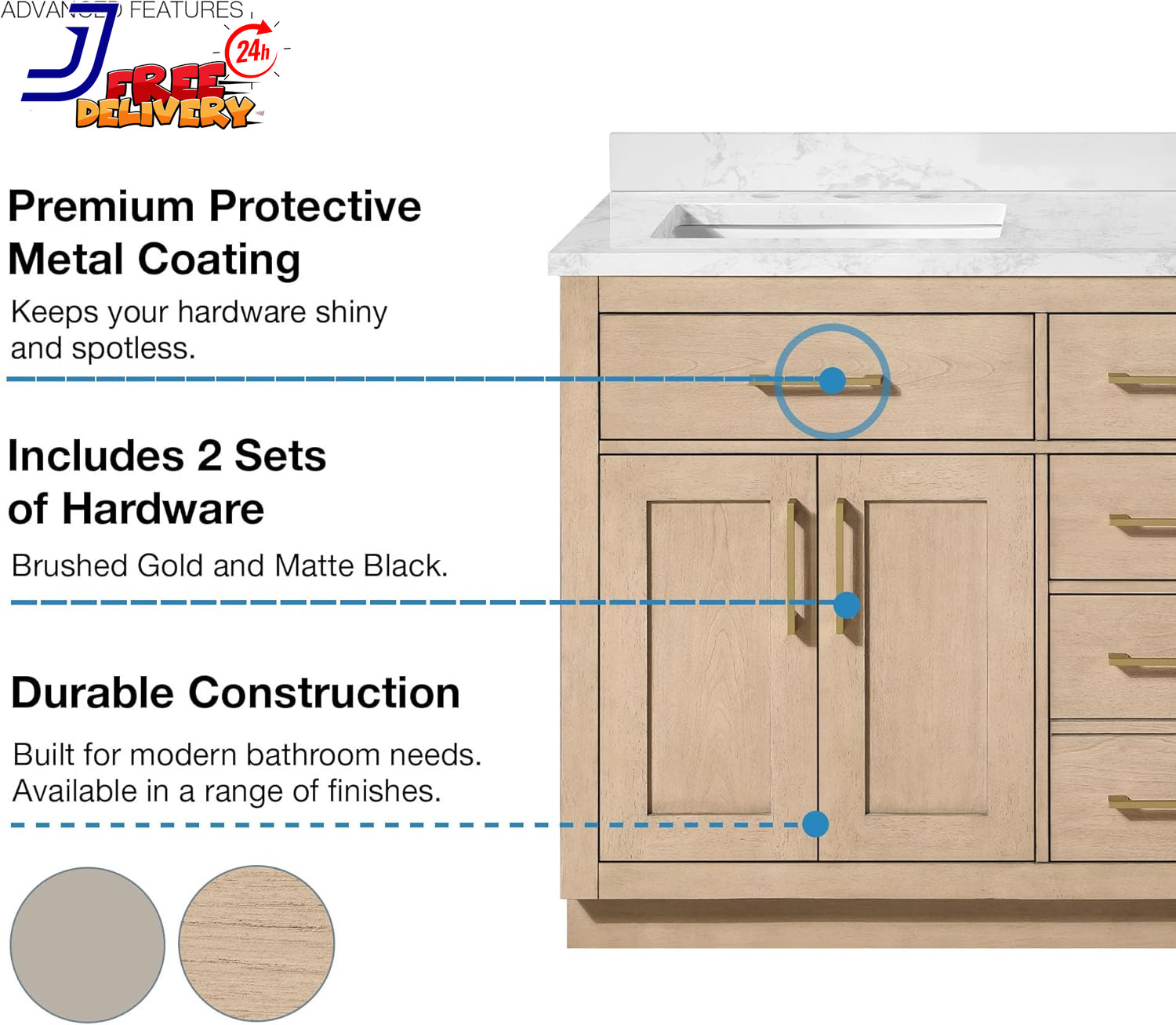 60 In. Double Sink Freestanding Sahara Birch Bathroom Vanity w/White Engineered