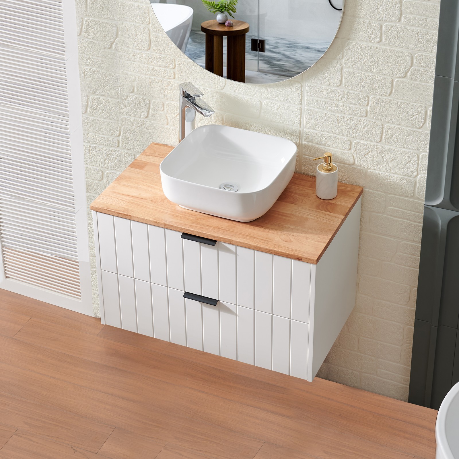 32″ Double Drawer Wall-Mounted Bathroom Vanity,White Cabinet w/Ceramic Sink