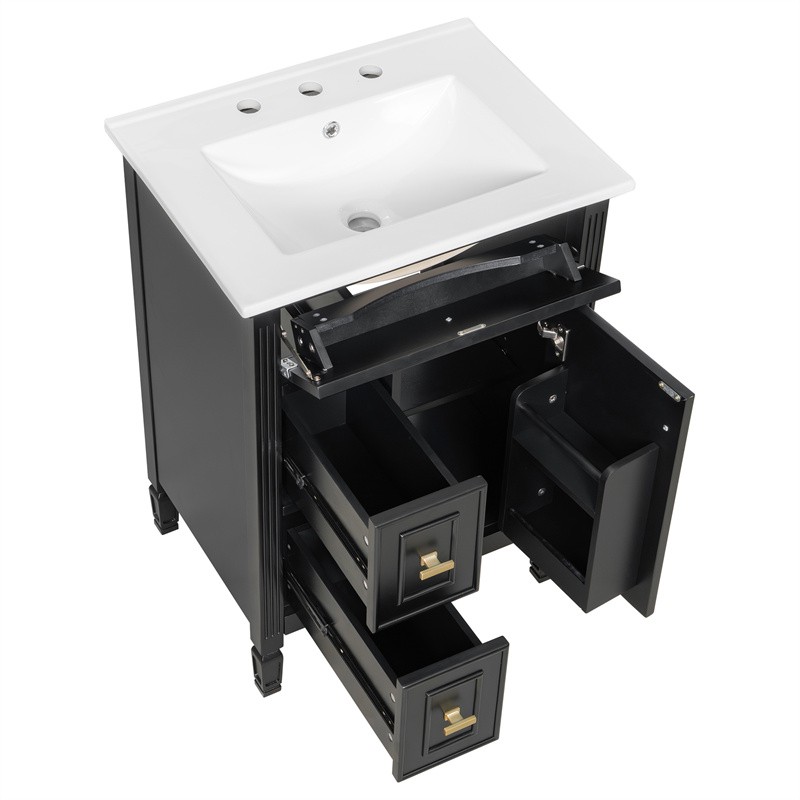 24-In Modern Bathroom Vanity with Ceramic Sink,Black Wood Cabinet with 3 Drawers