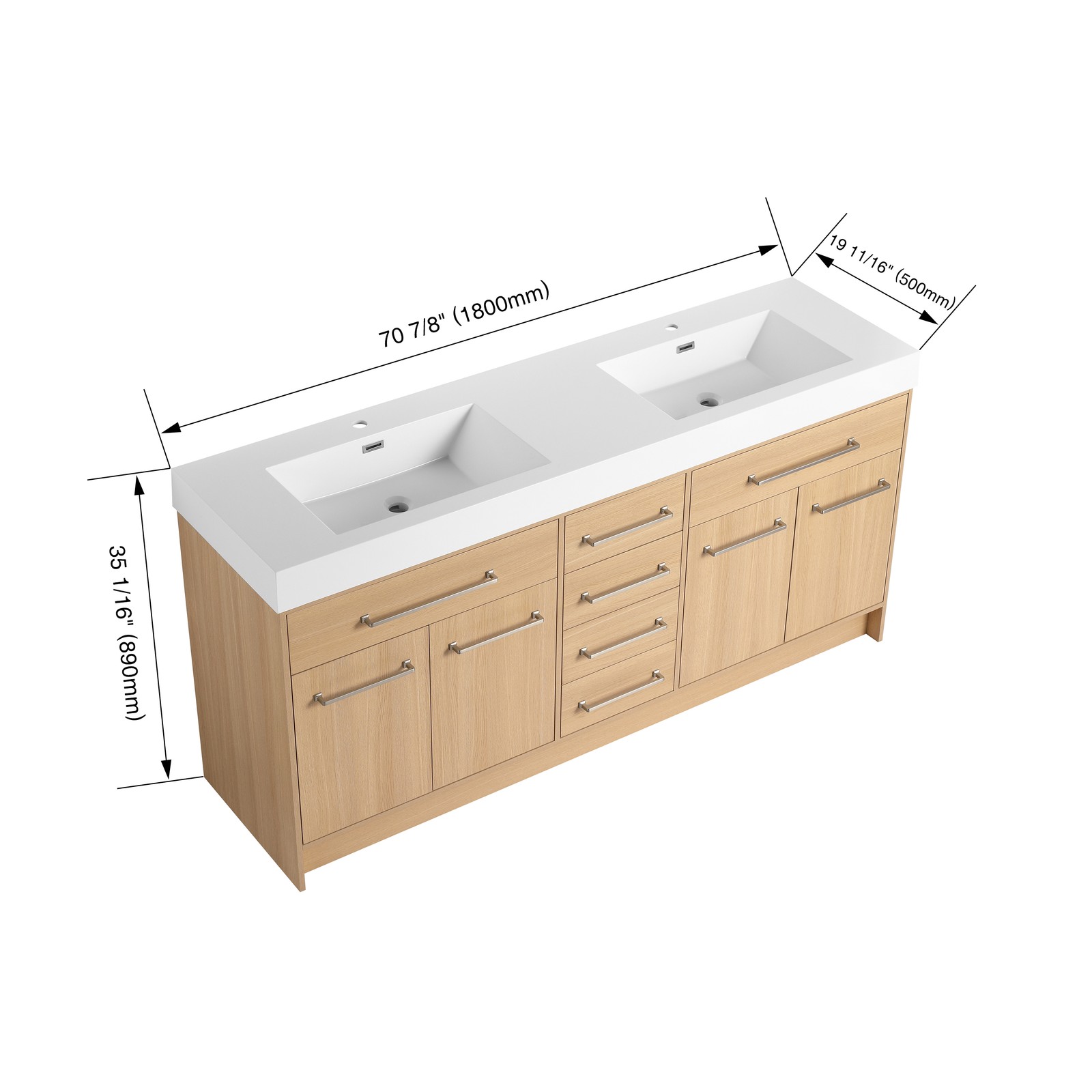 72 in Plywood Bathroom Vanity Freestanding W/Double Resin Sink+4 Doors 6 Drawers