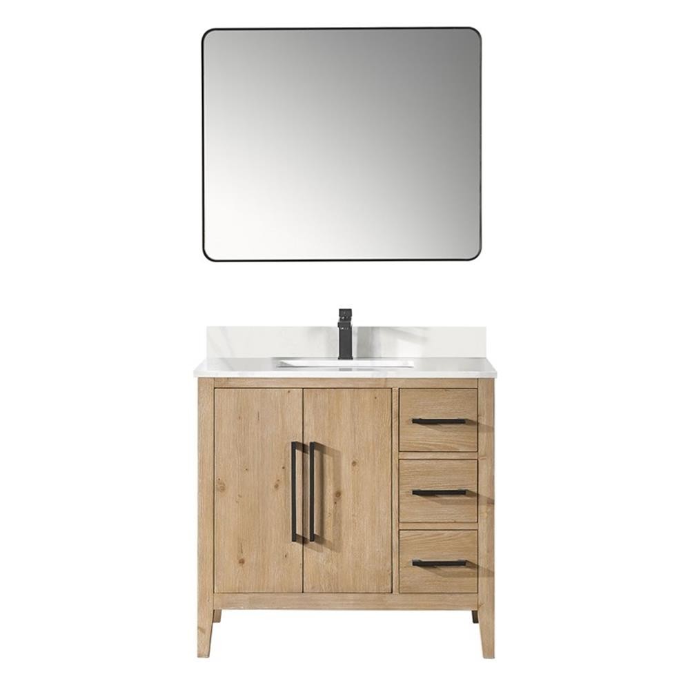 Laurel 36″ Wood Vanity in Weathered Fir Calacatta White Quartz Top with Mirror