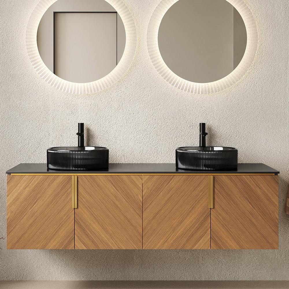 60″ Wall Mounted Bathroom Vanity w/Double Sink, Floating Vanity Cabinet, 4 Doors