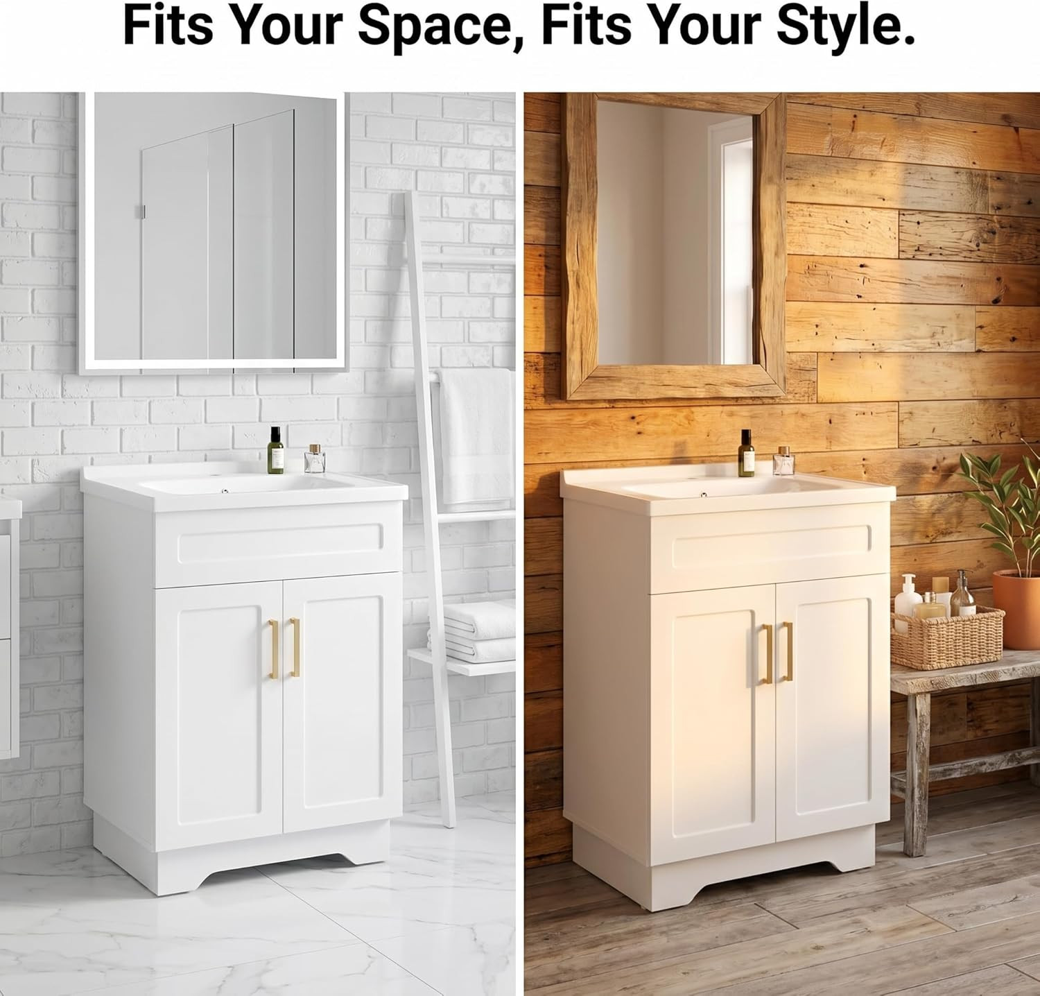 Bathroom Vanity with Ceramic Sink, Bathroom Vanity Cabinet with 2 Doors, 24 Inch