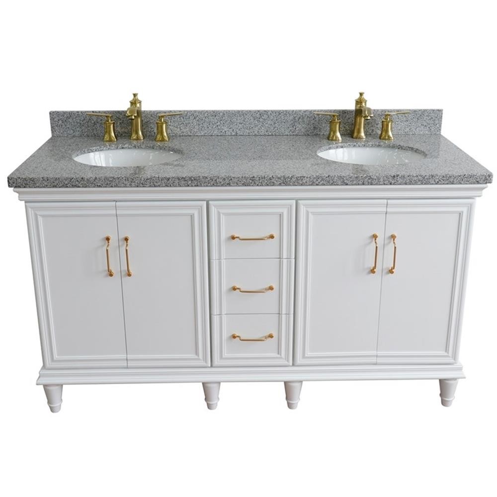 61 in. Double Wooden Vanity White Gray Granite Oval Sink