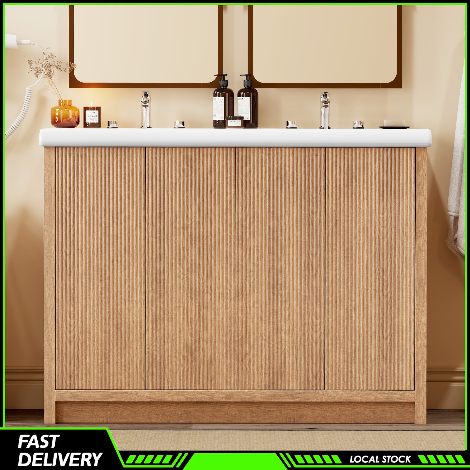 Storage Cabinet 47.3 Inch Modern Wood Grain Bathroom Vanity Double Ceramic Sink