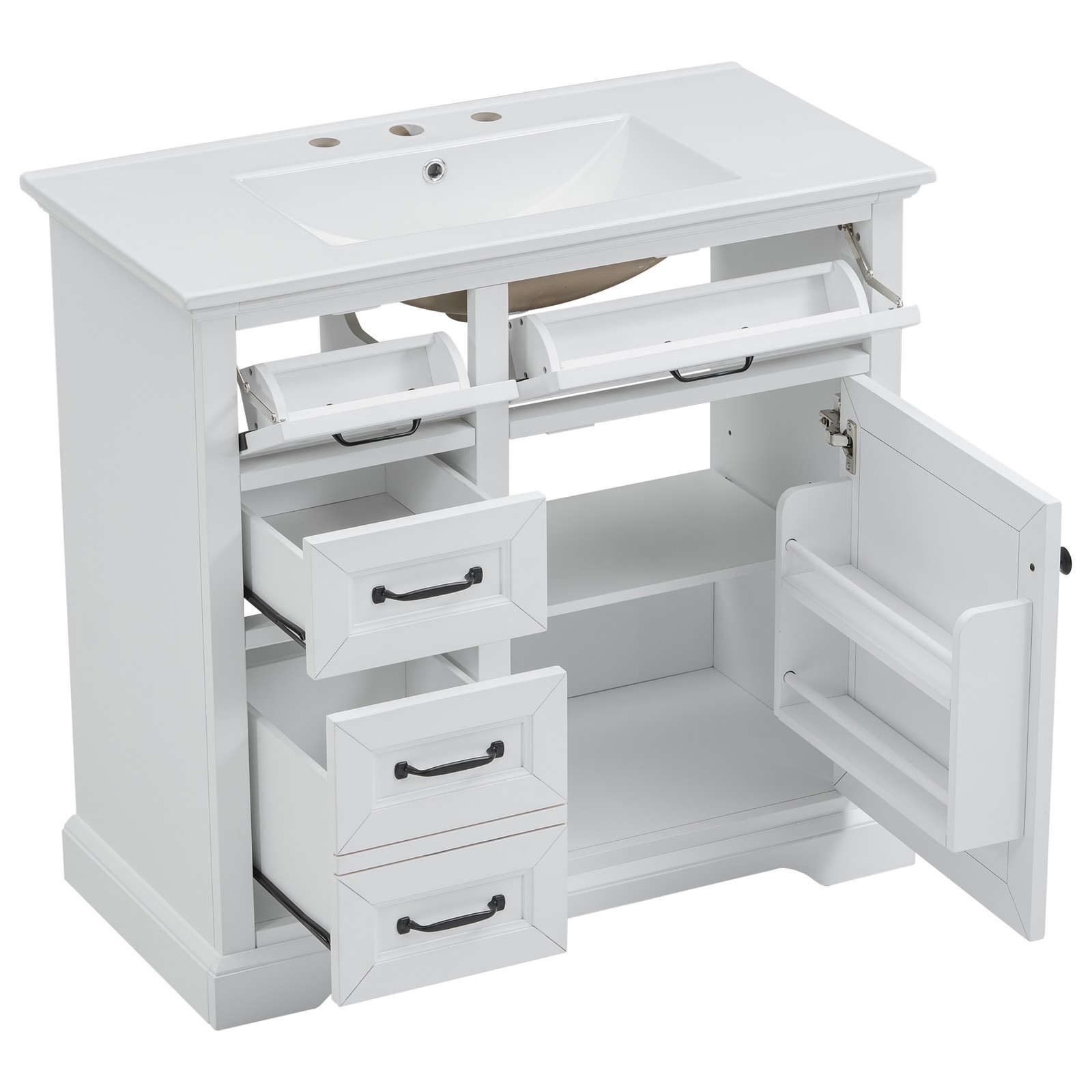 36″ Bathroom Vanity with Ceramic Sink Top, 4 Drawers & 1 Soft-Close Door