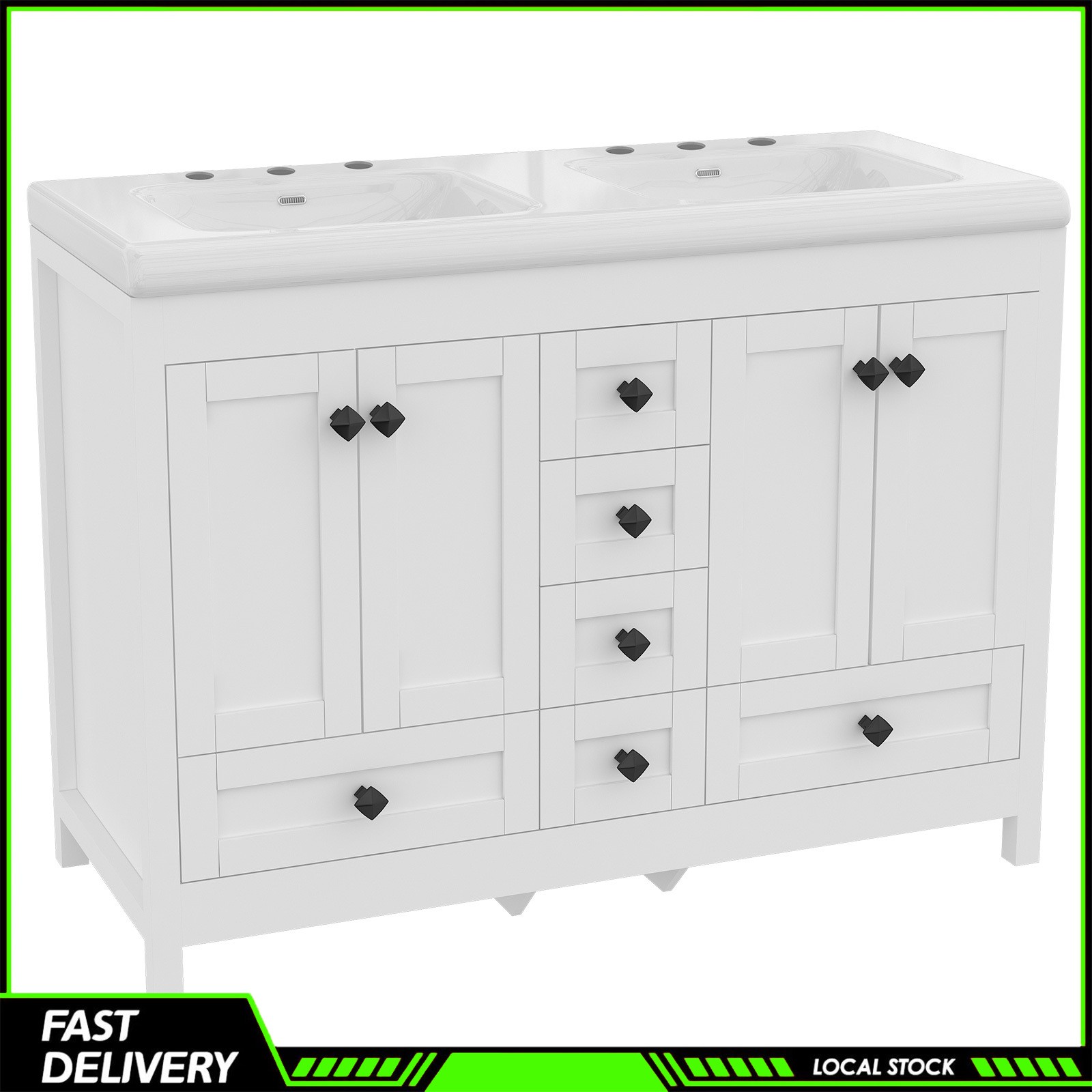47″ White Bathroom Vanity Double Ceramic Sinks Freestanding Cabinet w/ 5 Drawers