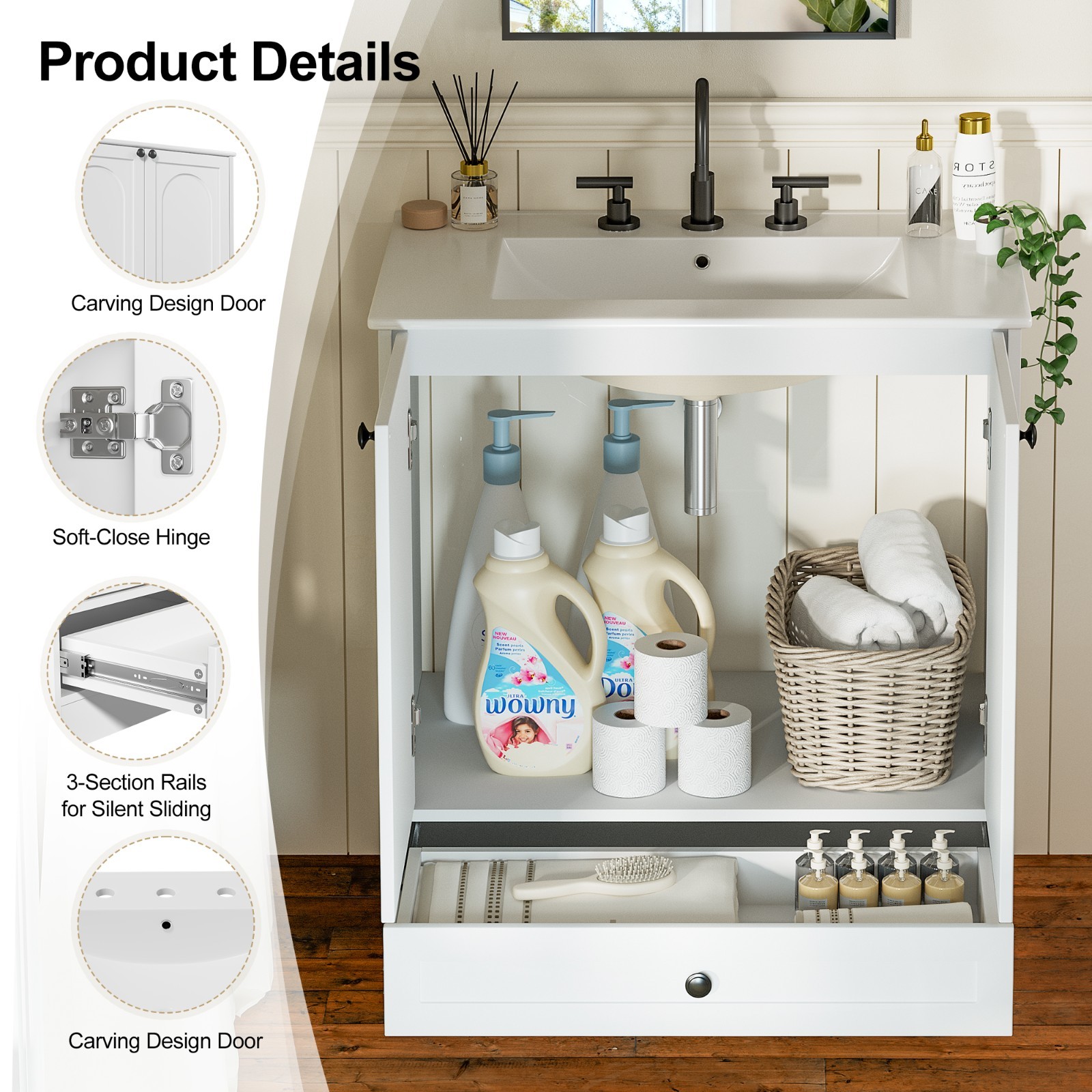 30″ Bathroom Vanity with Sink, Freestanding Bath Vanity Cabinet 2 Doors, Drawer
