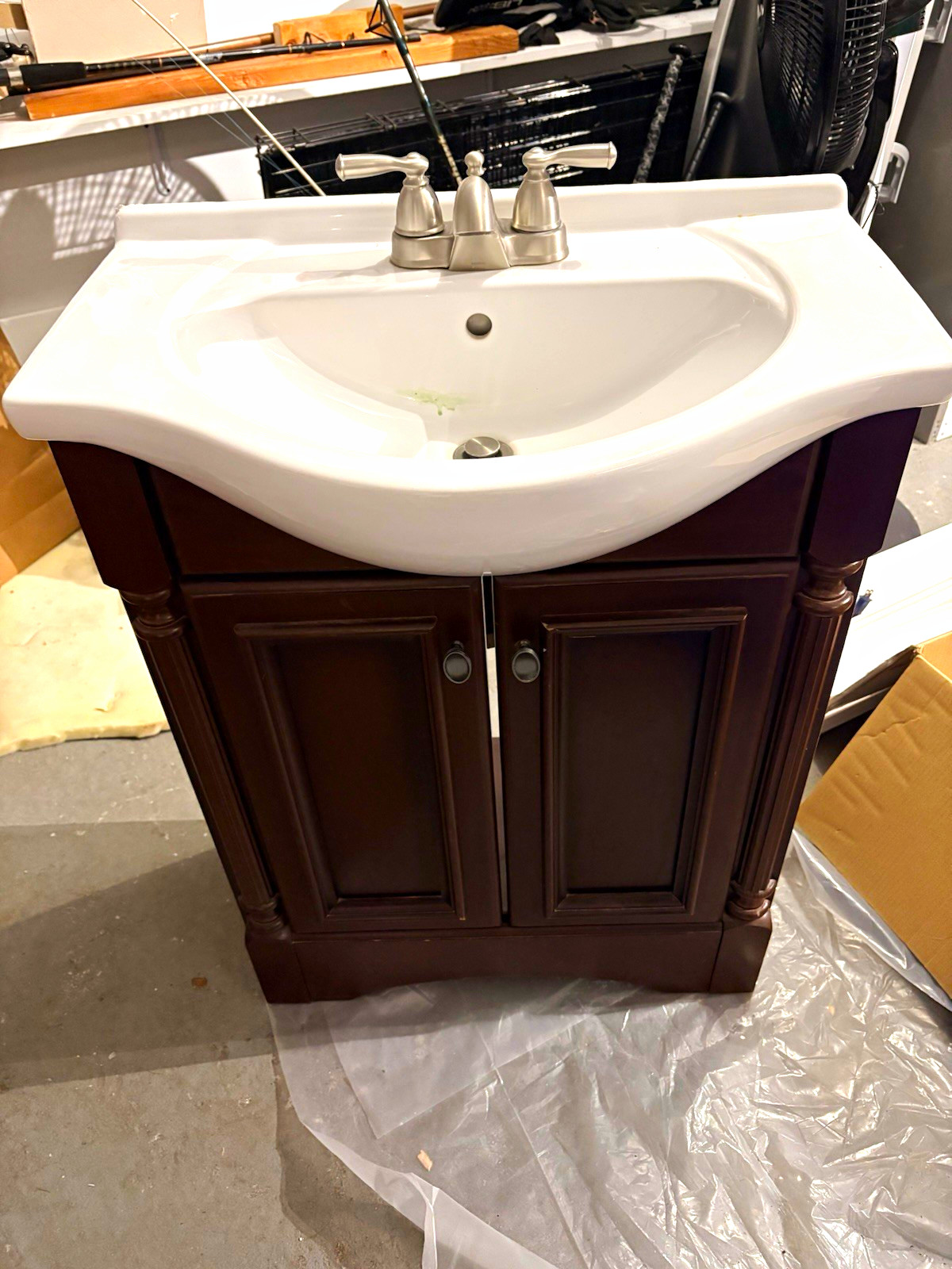 Freestanding Single Sink Bathroom Vanity w/ Mirror, Brown Wood, 28x12x36″