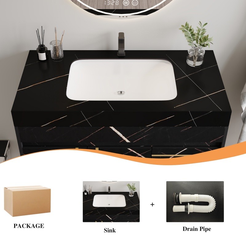 35.4in Bathroom Vanity w/Ceramic Sink Wall Mount Floating Cabinet for Small Room