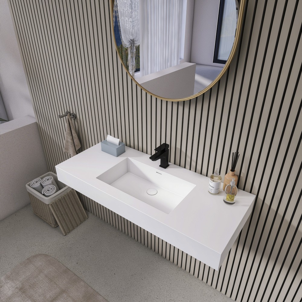 47.2”Wall-Mount Stone Resin Bathroom Sink Rectangular Vessel Sinks for Bathroom