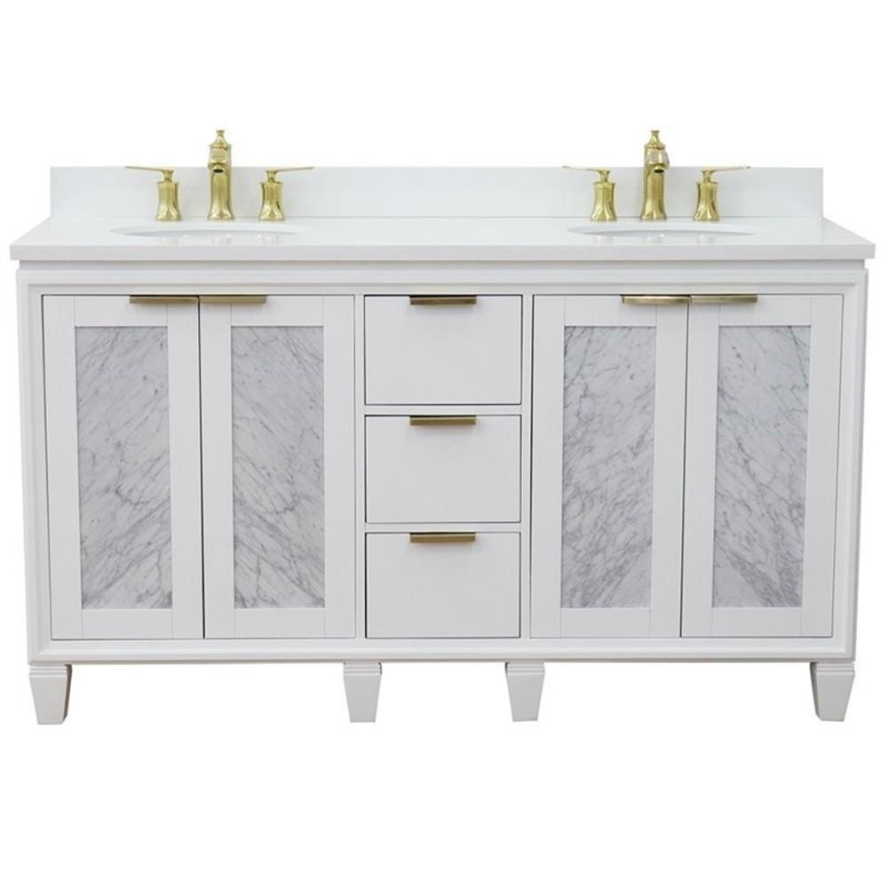 Pemberly Row 61″ Double Oval Sink Solid Wood Vanity in White/White Quartz Stone
