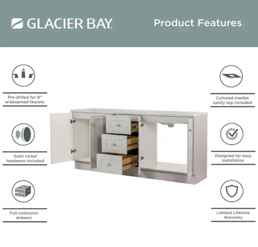 ✨️ Glacier Bay Bannister 73 in. Double Sink Pearl Gray Bath Vanity with Granite-