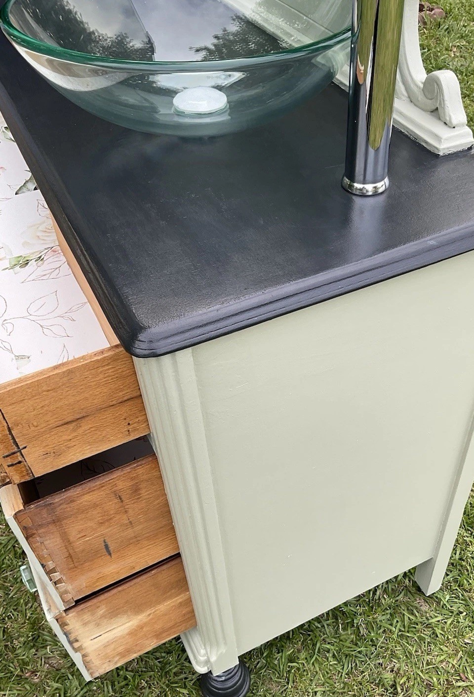 Green & Gray Dresser Repurposed Into Bathroom Vanity With Clear Glass Sink