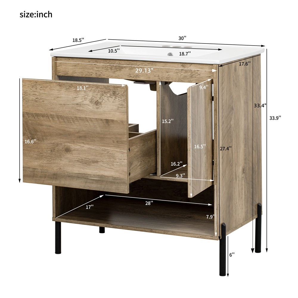 30″ Bathroom Vanity w/Ceramic Sink,Freestanding Vanity Cabinet,Open Shelf,Drawer