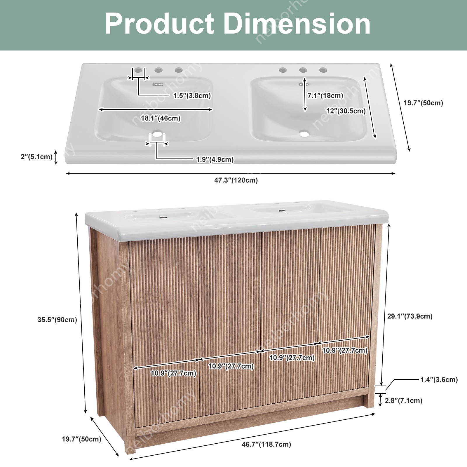 47″ Double Sink Bathroom Vanity Wood Grain Modern 2 Basin Storage Cabinet