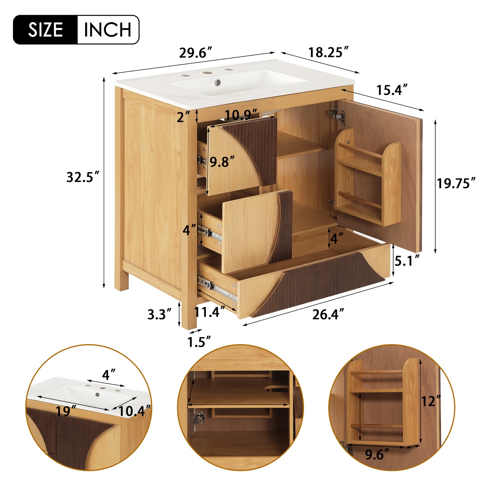 30″ Mid-Century Modern Bathroom Vanity with Sink, 3 Drawers, Solid Wood & MDF