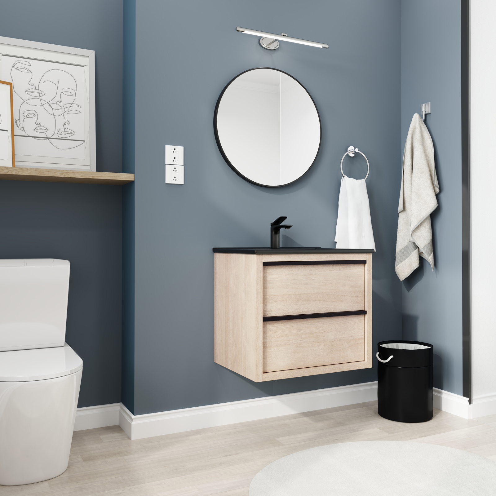 24″Bathroom Vanity Cabinet Wall Mounted Floating W/ Black Ceramic Sink 2 Drawers