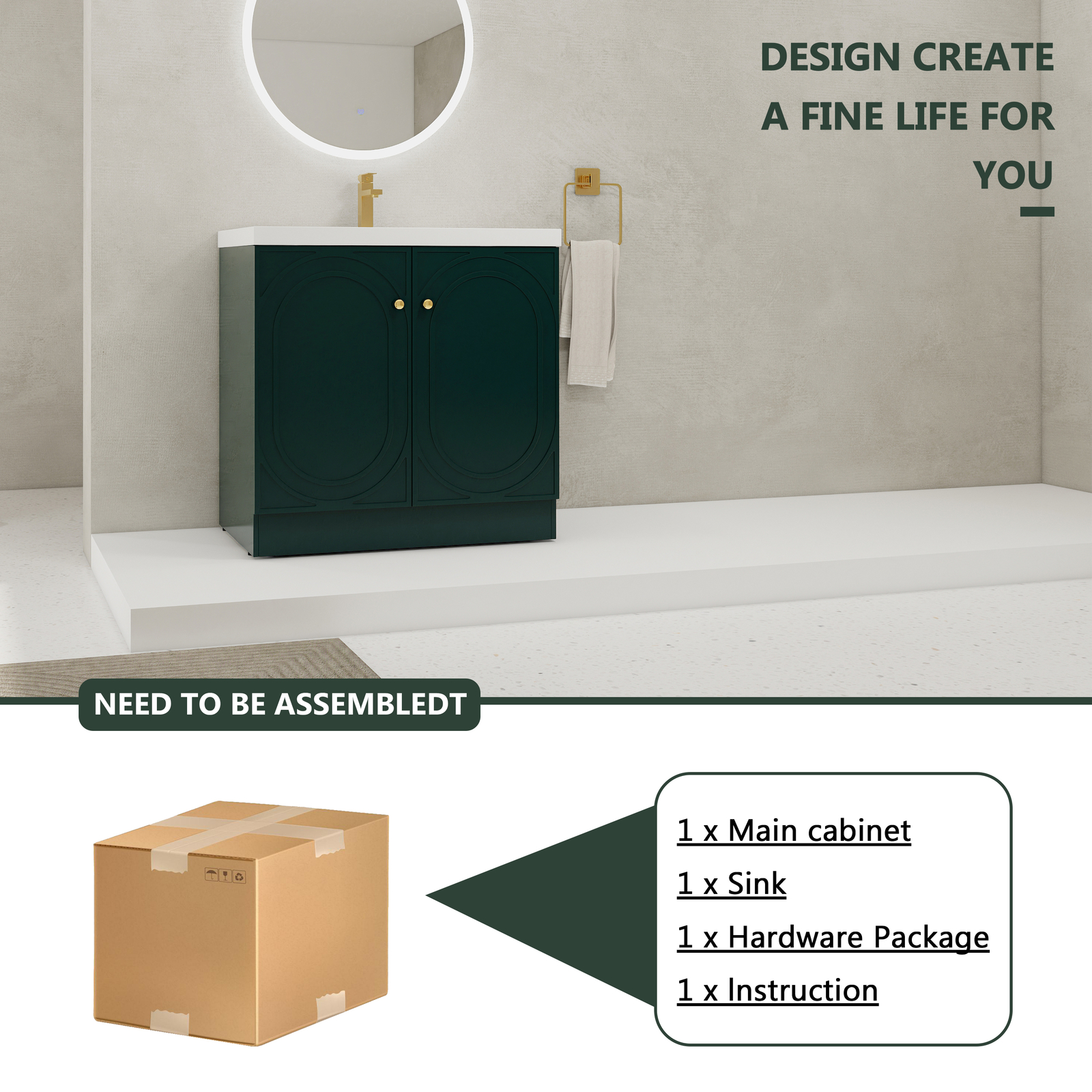 36inch Plywood Freestanding Bathroom Vanity Cabinet Dark Green Resin Sink Basin