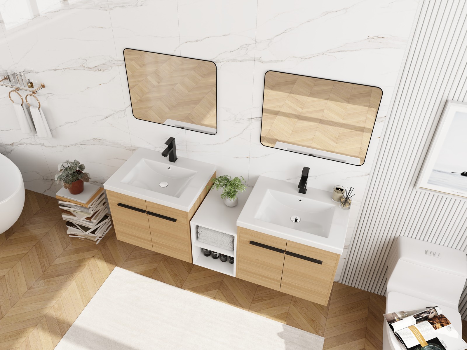 60 Inch Wall Mounted Bathroom Vanity with Resin Sink, 4 Doors & Shelves
