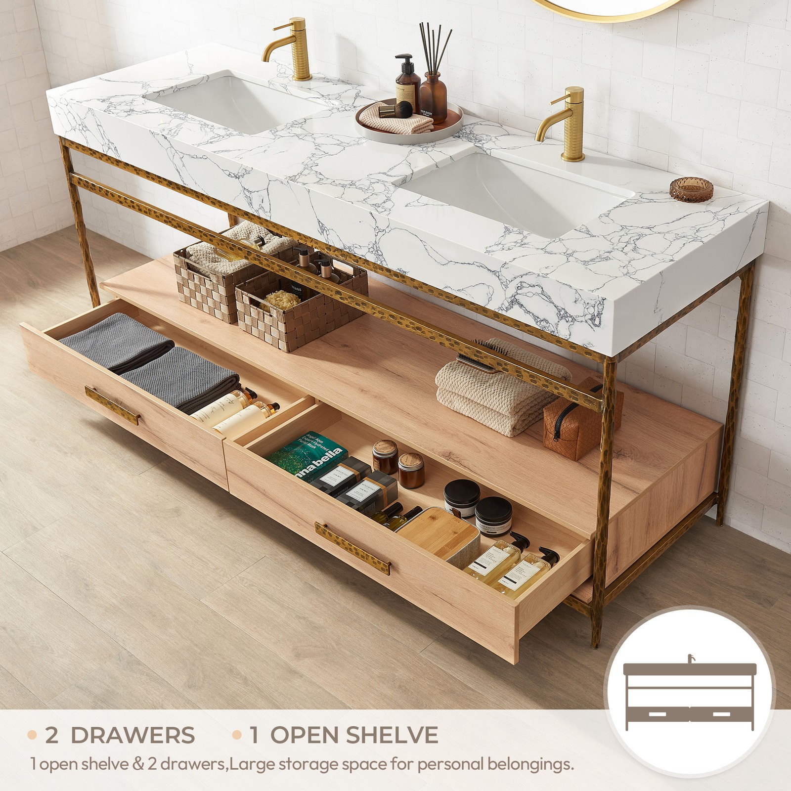 Dhaka 72″ Double Vanity in Yellow Bronze Metal Support with Composite Stone Top