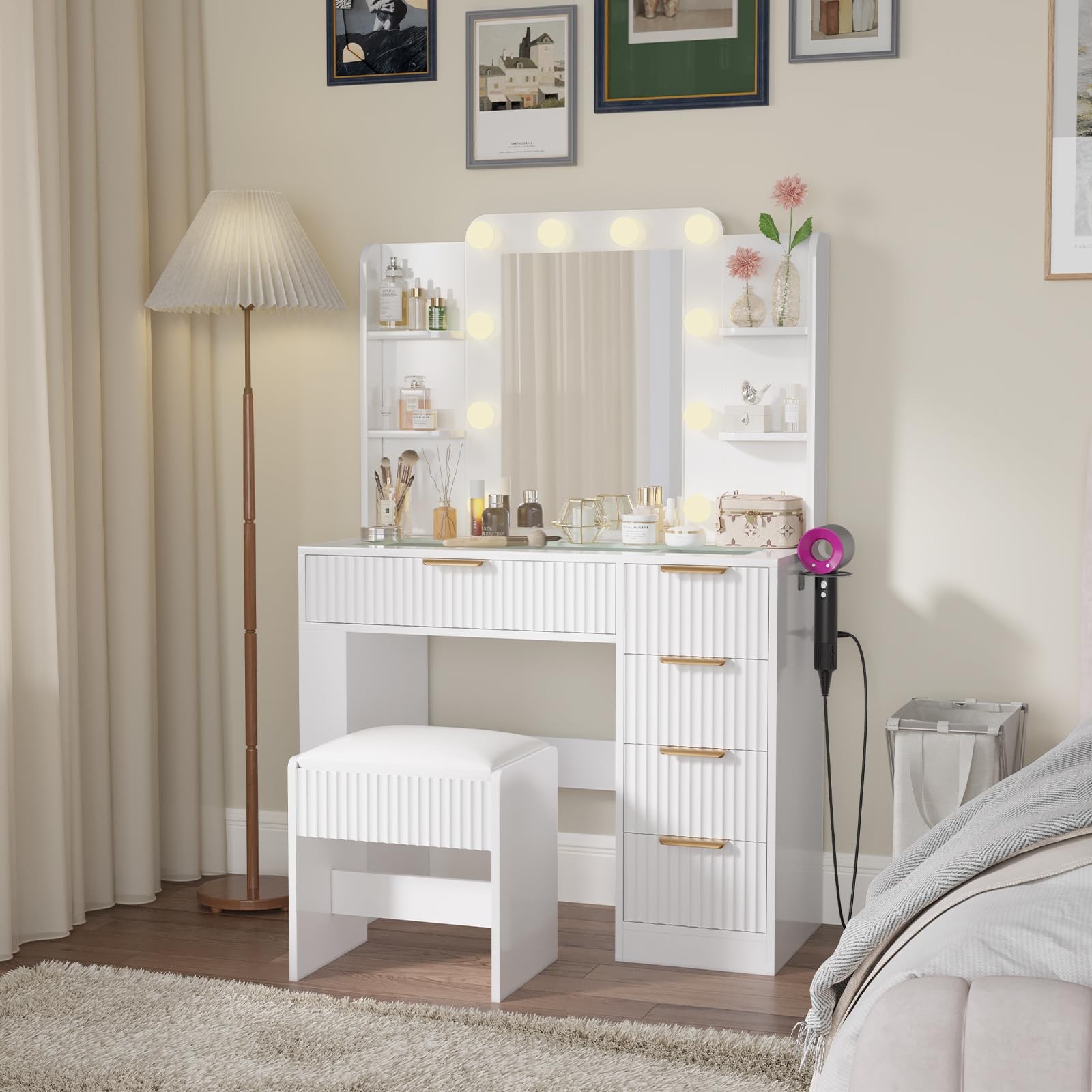 Makeup Vanity Desk Lighted Mirror 5 Drawers Charging Station