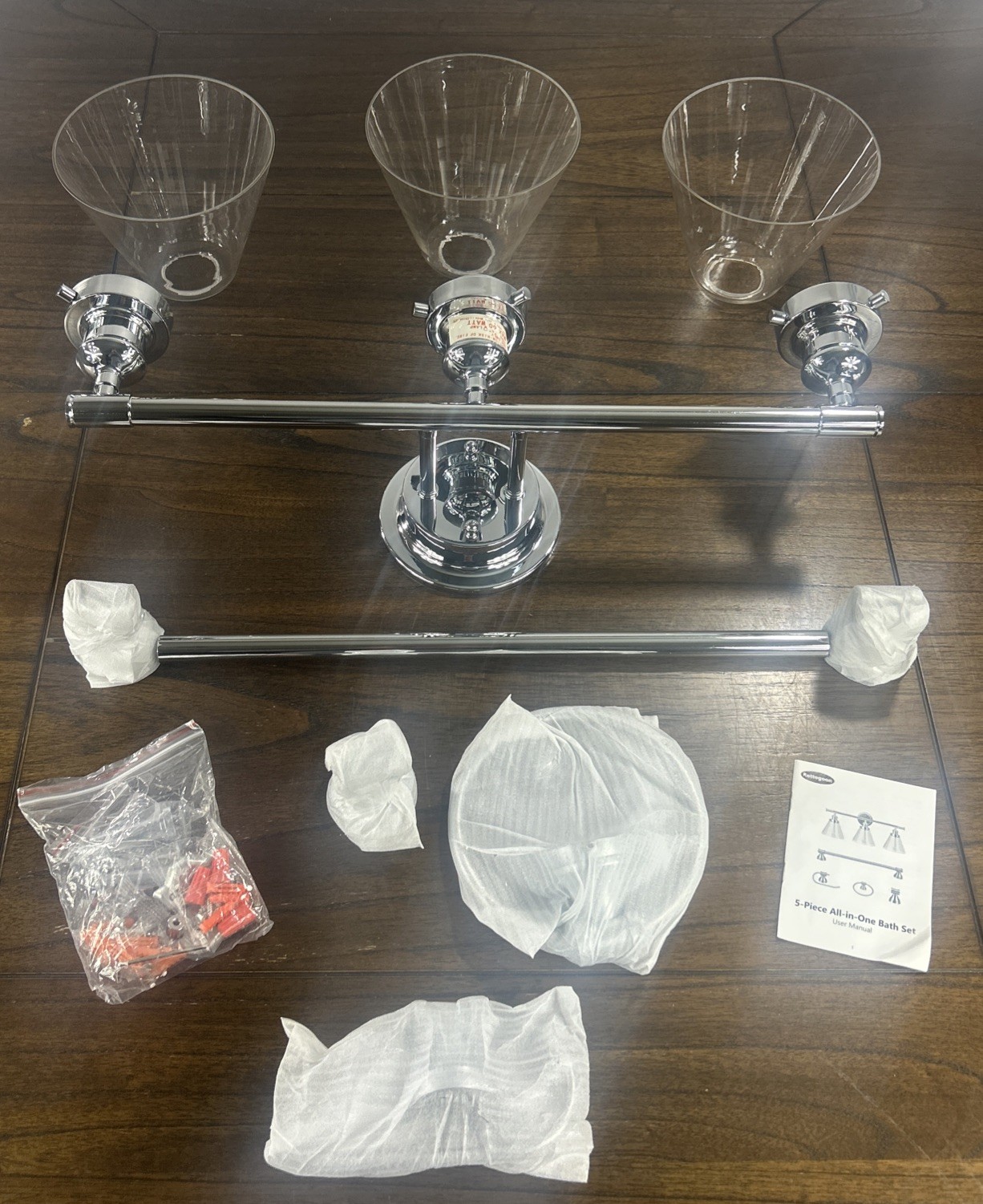 Rottogoon 5-Piece Bathroom Vanity Set w/ 3-Light Fixture Chrome Glass