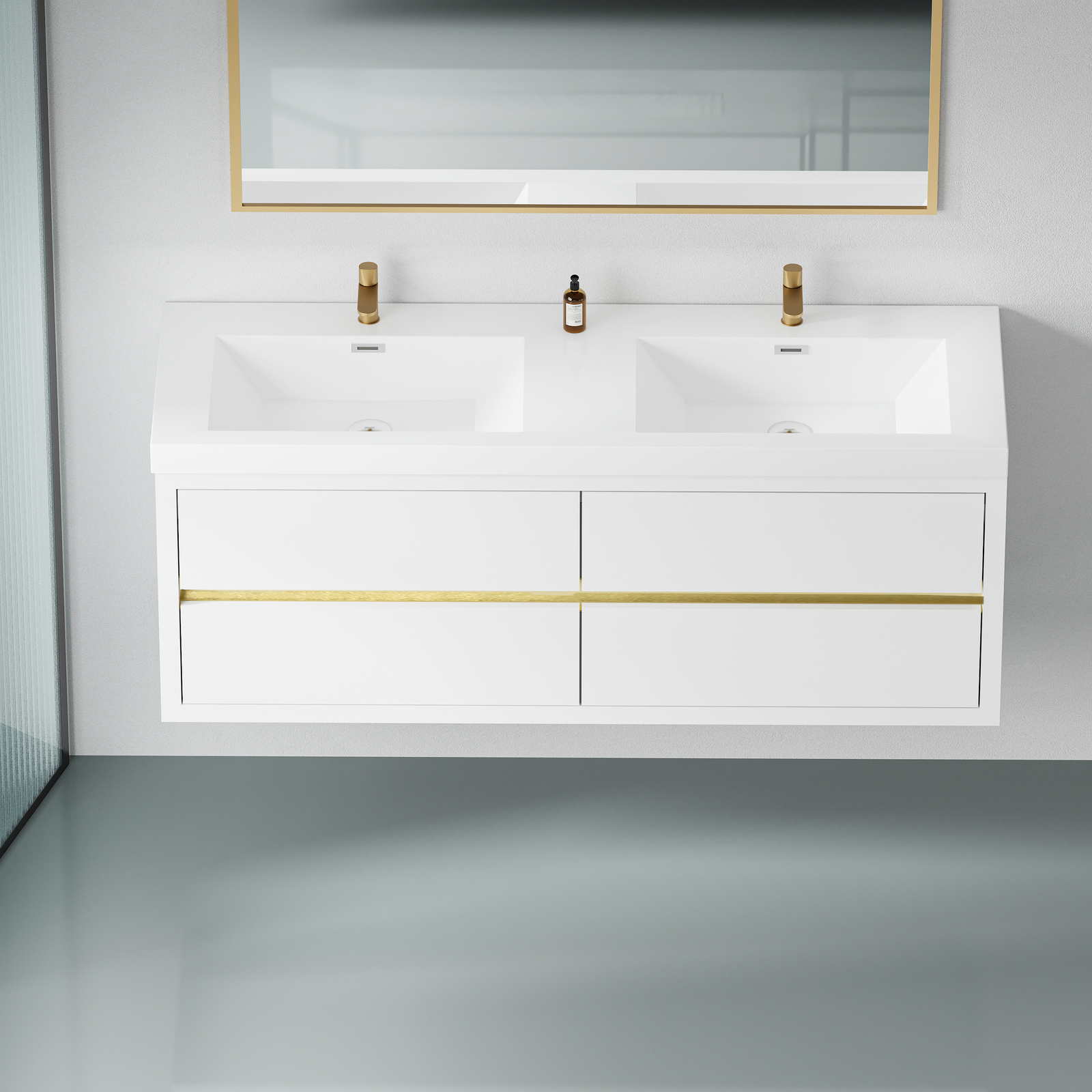 60″ Floating Wall-Mounted Bathroom Vanities Cabinet 4 Drawers+ Stone Resin Sink