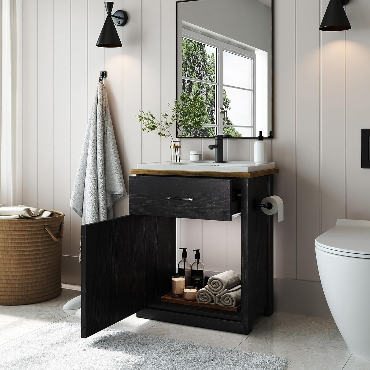 4Ever2Buy 24 Inch Bathroom Vanity with Sink, Farmhouse Bathroom Vanity Cabinet w