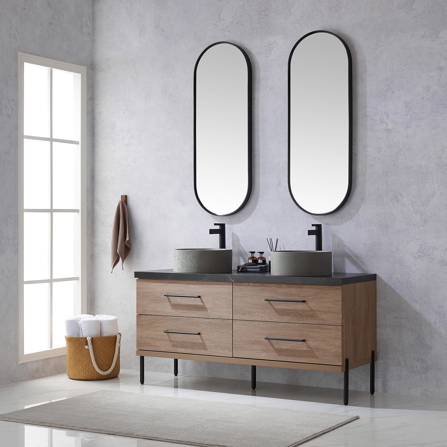 Miseno MV-705160R Trento 60″ – North American Oak / Black