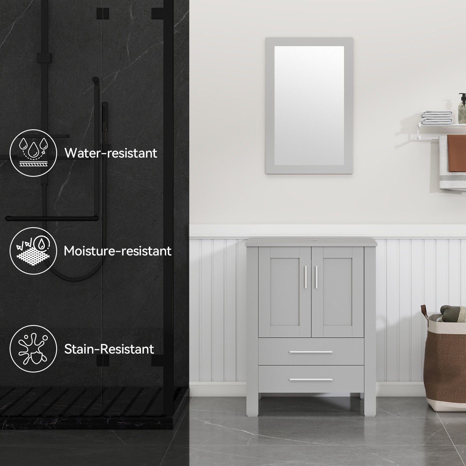 Modern 24″ Vanity Set with Black Ceramic Sink | Cabinet + Drawer Storage