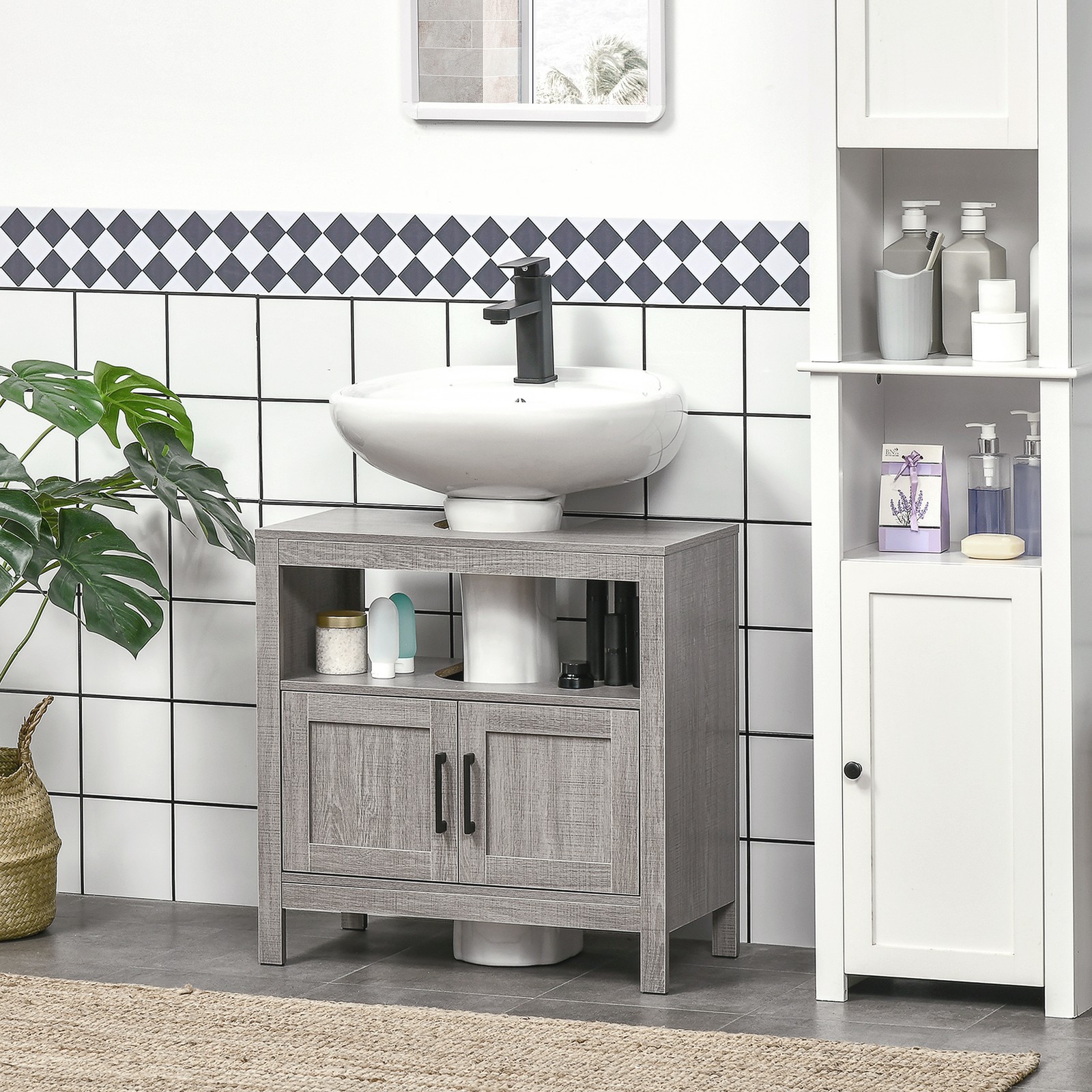 Wooden Pedestal Under Sink Storage Cabinet, Bathroom Organizer w/ 2 Doors, Grey