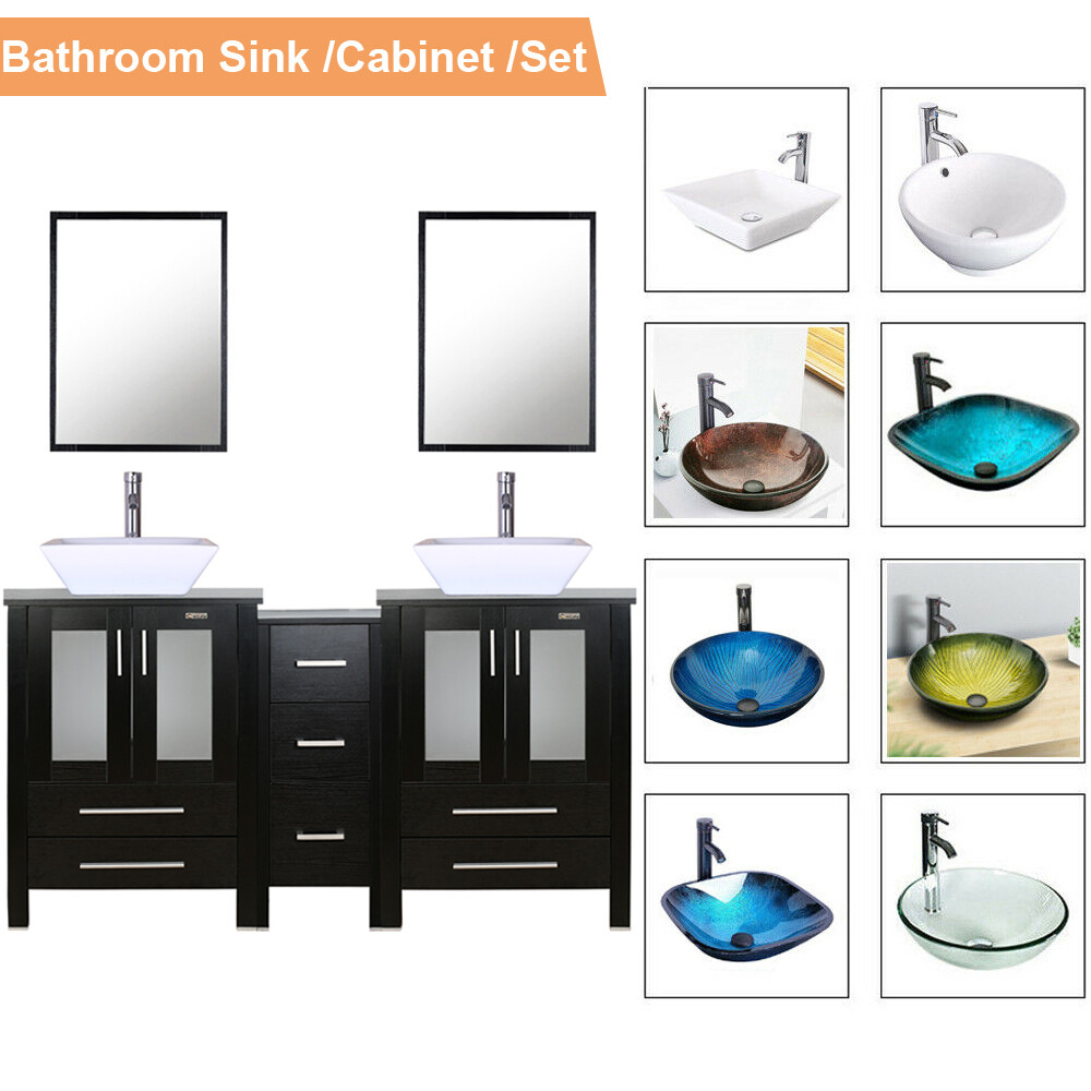 60″ Black 2 Bathroom Vanity Mirror Side Cabinet Vessel Glass/Ceramic Sink Faucet