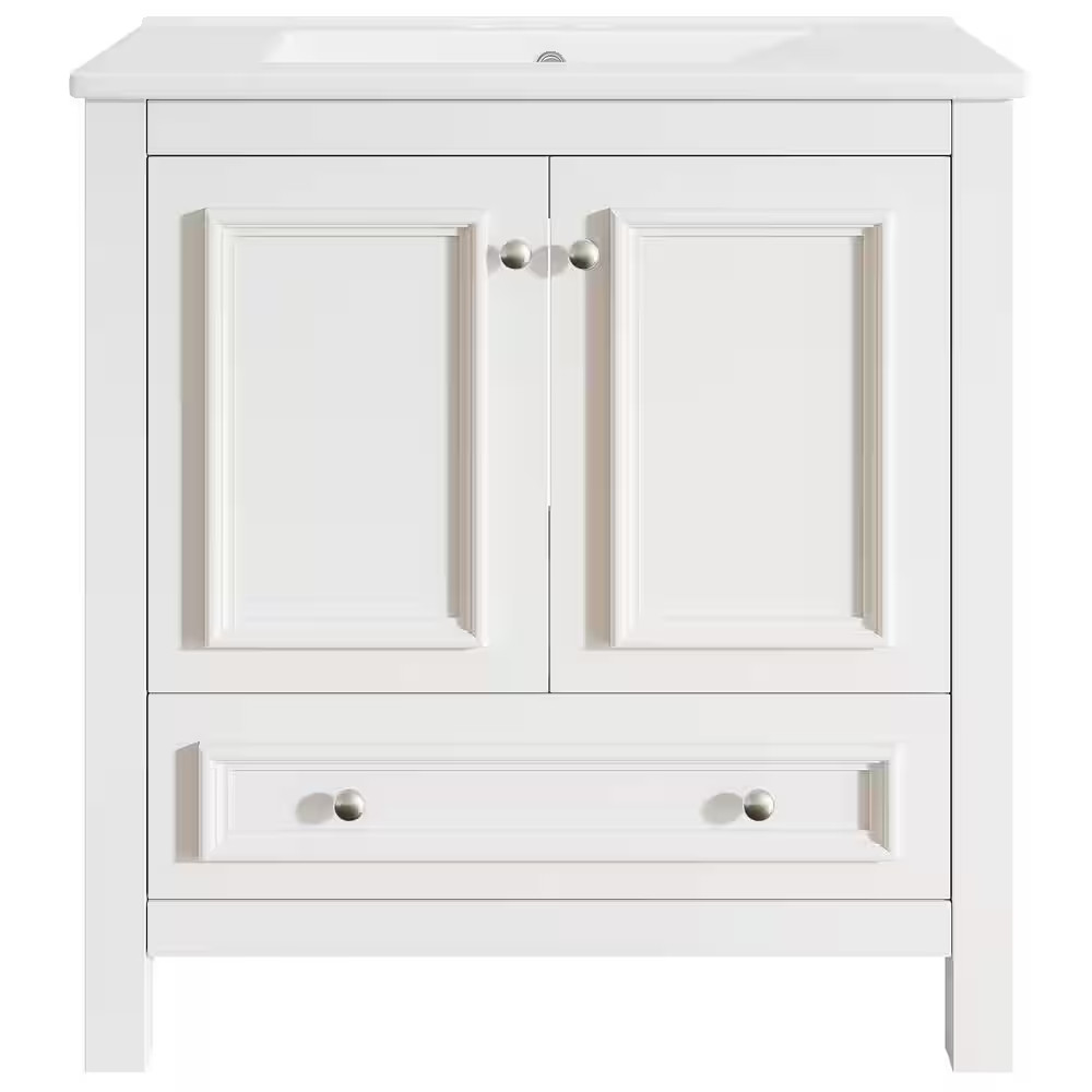 30 In. Single Sink Freestanding White Bath Vanity with White Ceramic Top Unassem