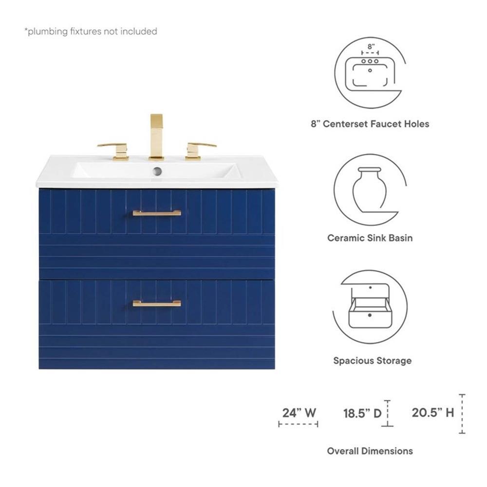 Modway Daybreak 24″ Modern Wood/Ceramic Bathroom Vanity in Blue/White
