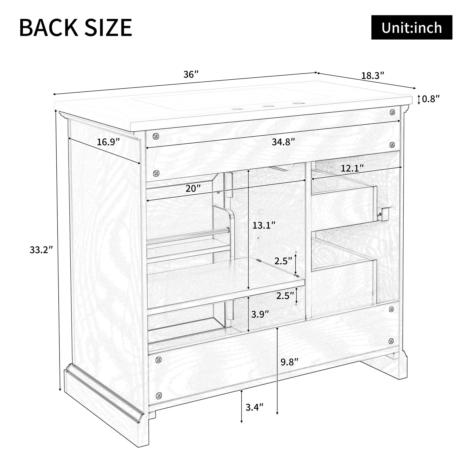 36″ Bathroom Vanity with Ceramic Sink Top, 4 Drawers & 1 Soft-Close Door