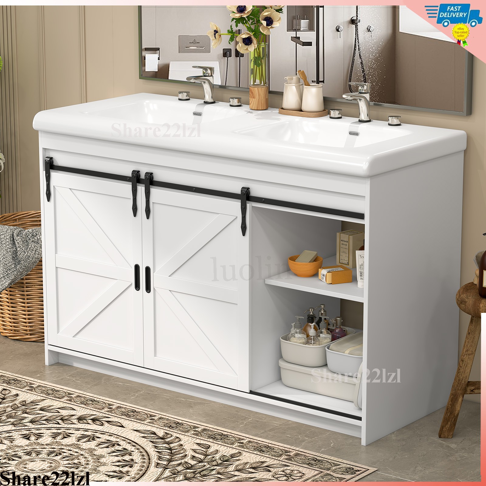 47inch Bathroom Vanity with Ceramic Sink,Bathroom Cabinet w/2 Soft Close Doors