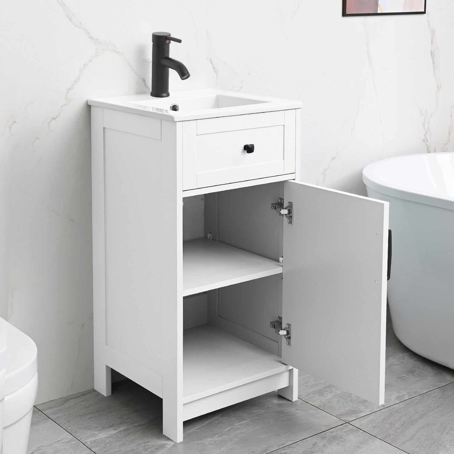 16″ Bathroom Vanity with Sink Small Cabinet Ceramic Sink Set Faucet &Drain Combo