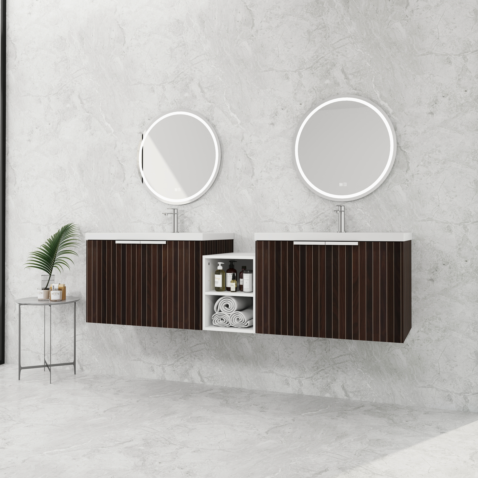 72″ Wooden Floating Bathroom Vanity with Dual Sink Basin Doors /Storage Shelves