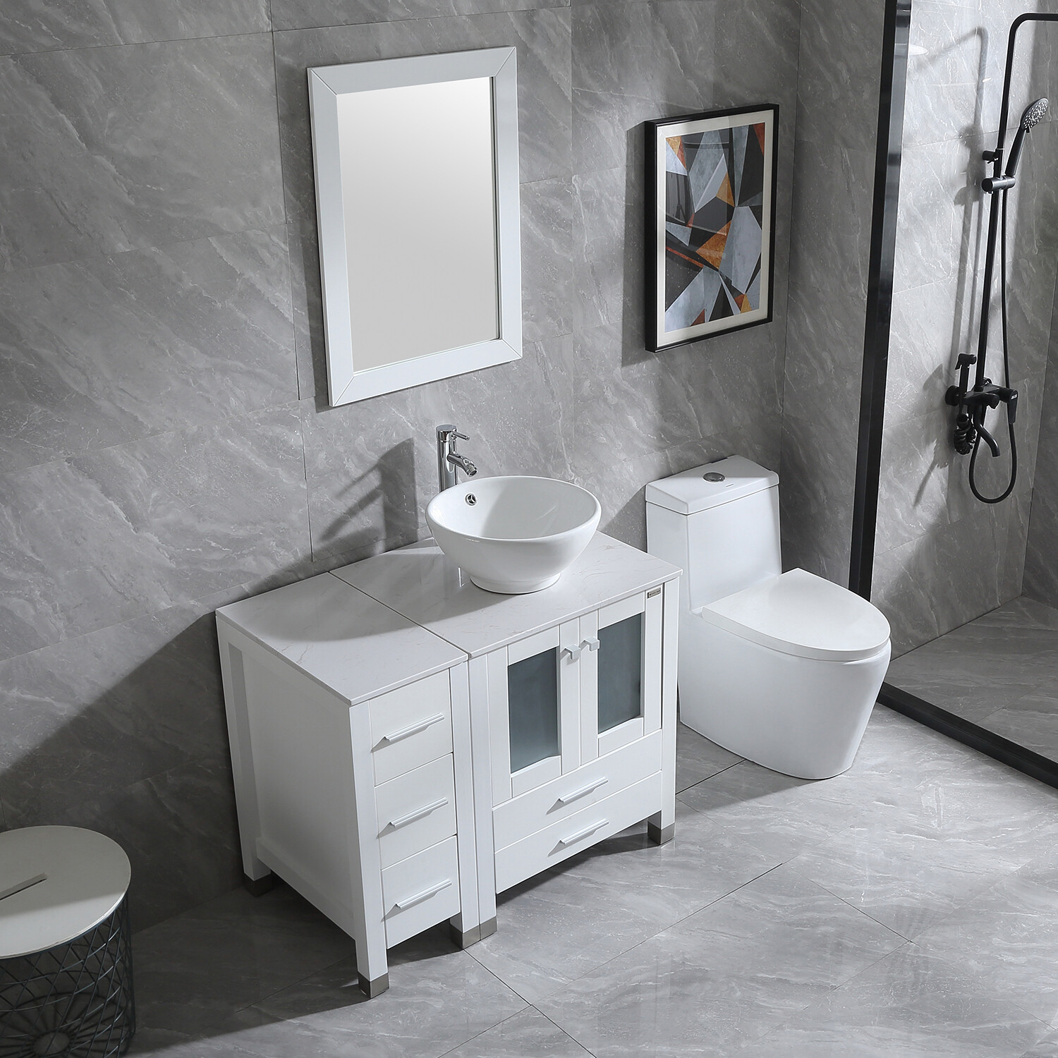 36″ Bathroom Vanity Cabinet Ceramic Vessel Sink Stone Top w/Mirror & Drain Combo