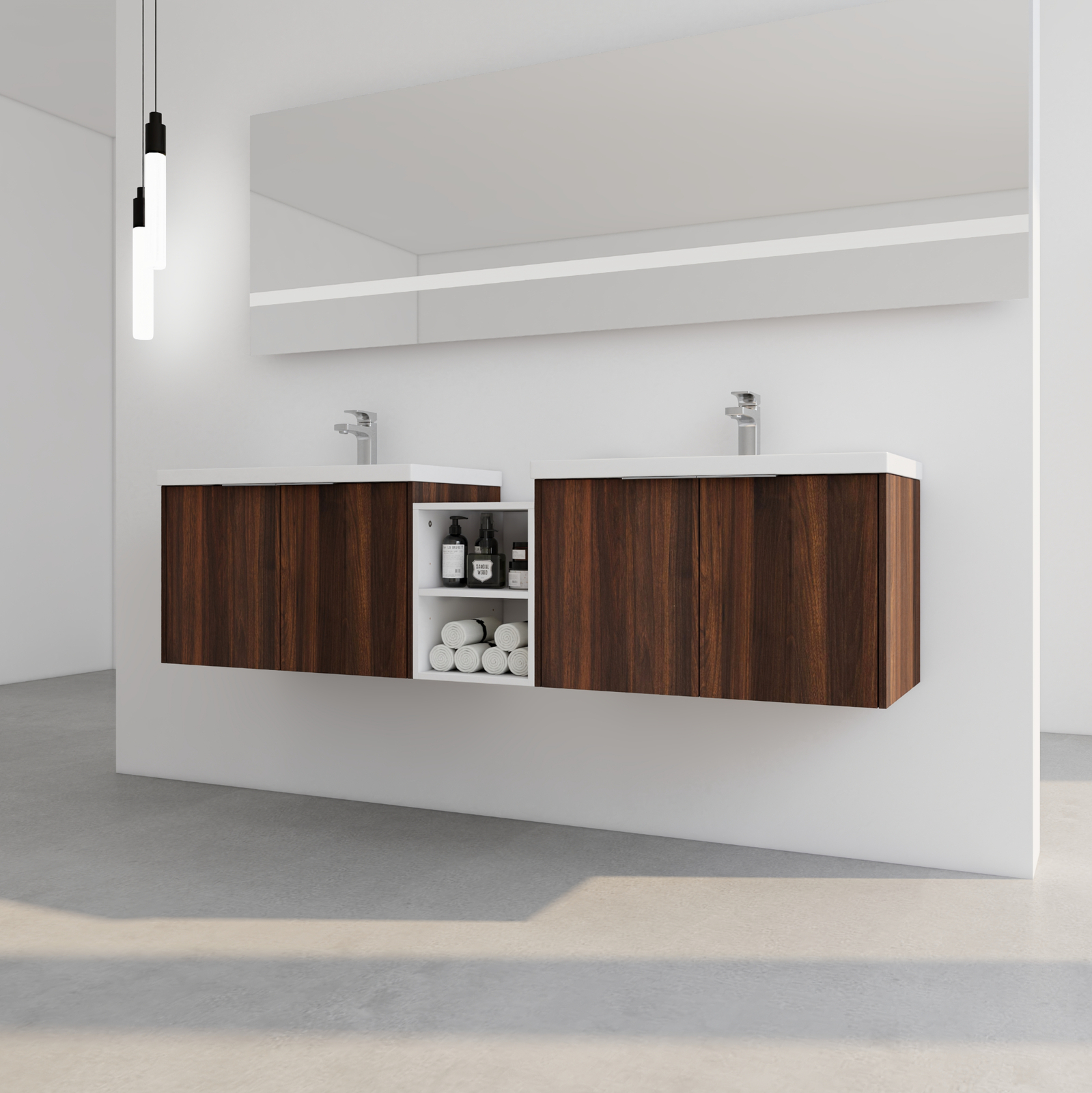 2X 30″ Bathroom Vanity Cabinet With Resin Sink +12″ Small Storage Shelves Walnut
